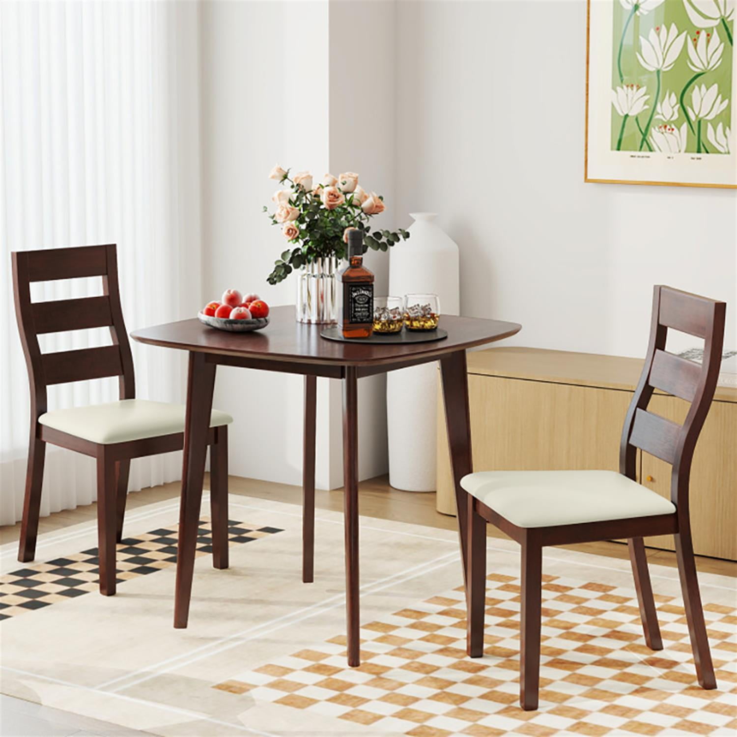 Demi Bonn 3-Piece Dining Table Set with 2 Chairs, 32" Wooden Square Kitchen Table Set, Perfect for Small Space, Brown