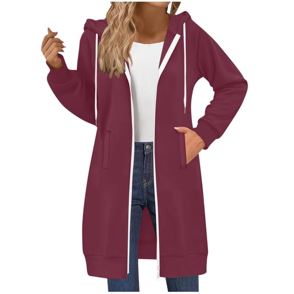 Long Hoodies for Women Fashion 2026 Full Zip Up Oversized Fleece Lightweight Casual Fall Jacket Coat with Pocket
