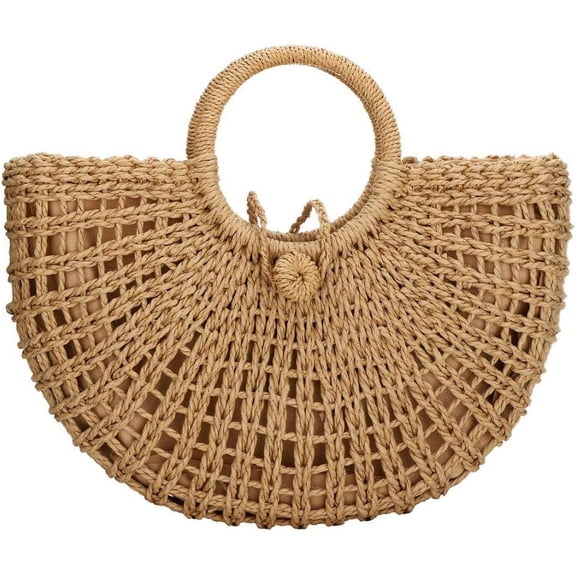 CoCoMangos Straw Bags for Women,Hand-woven Straw Top-handle Bag with Round Ring Handle Summer Beach Rattan Tote Handbag