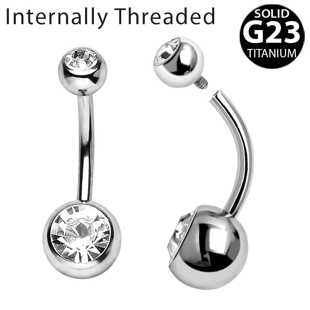 Internally Threaded Titanium Navel Ring with CZ Balls