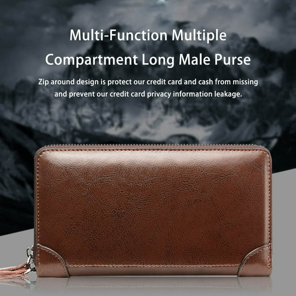tssuouriy Men Wallet Vintage Long Coin Pocket Dual Zipper Purse Bag  Multi-function Multiple Compartment for Business Package Bags Brown