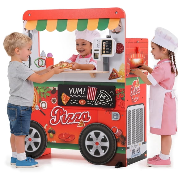 COCLUB Kids Pizza Playset Pretend Play Toys, Wooden Food Truck Toy with Light Sound Oven and Credit Card Machine, Ice Cream Cart, Play Kitchen for Boys Girl Birthday Gifts 3