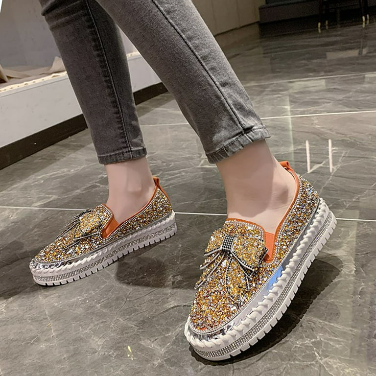 Kbkybuyz Women's Fashion Slip-On Sneakers, Rhinestones Glitter for Women, Platform Loafers Cute Bowknot Flat Casual Shoes for Girls Women's Shoes