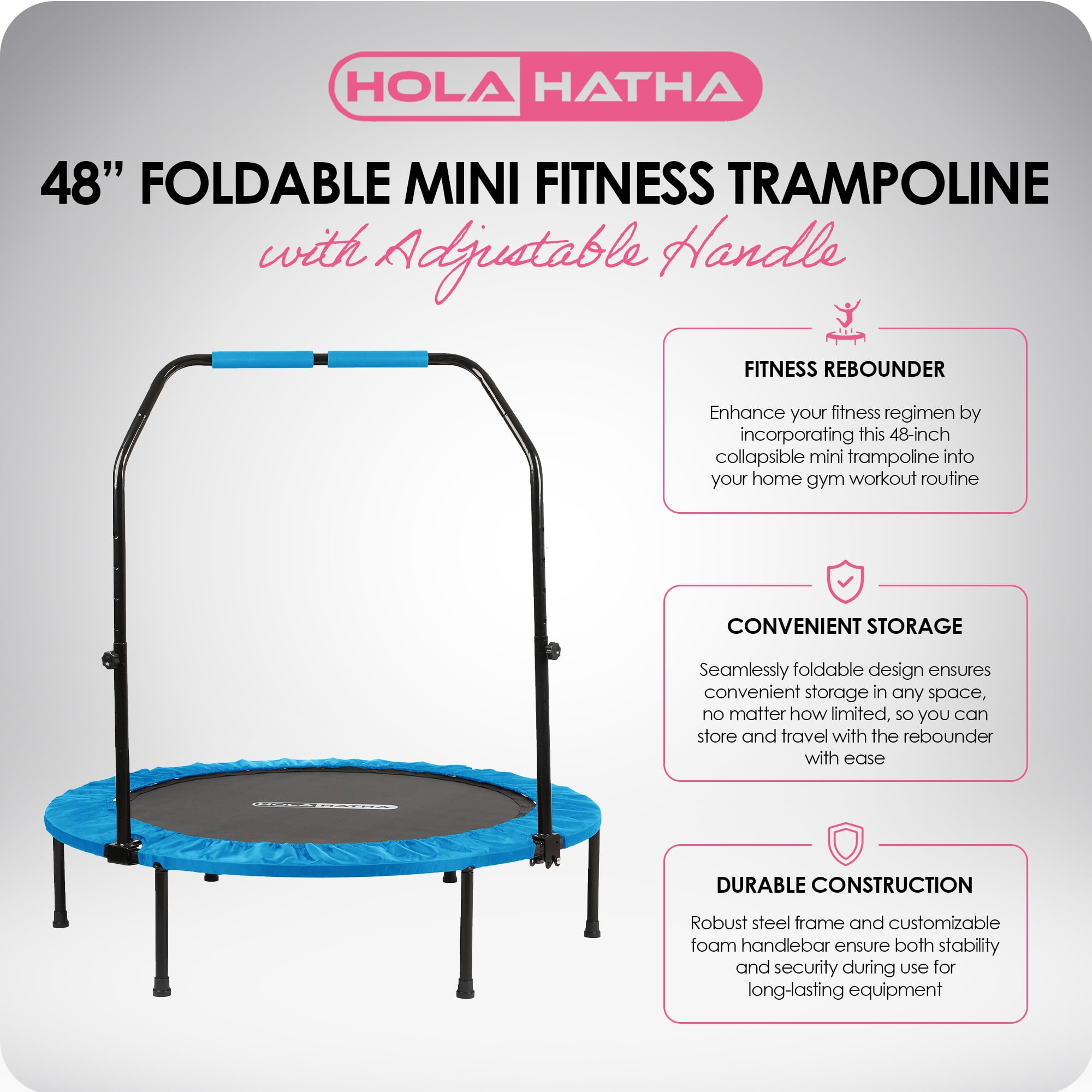 HolaHatha 48" Folding Mini Fitness Trampoline with Adjustable Handle, Blue