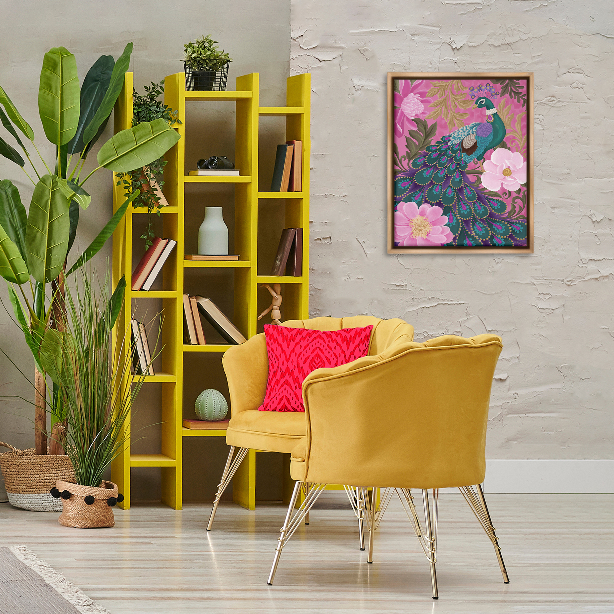 Stupell Industries Peacock & Pink Blossoms Animals & Insects Painting Brown Floater Framed Canvas Art Print Wall Art, 17 x 21
