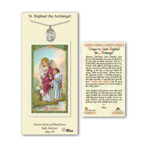 Pewter St. Raphael the Archangel medal on an 18 inch Lite Curb Chain with a Prayer to St Raphael the Archangel Prayer Card.
