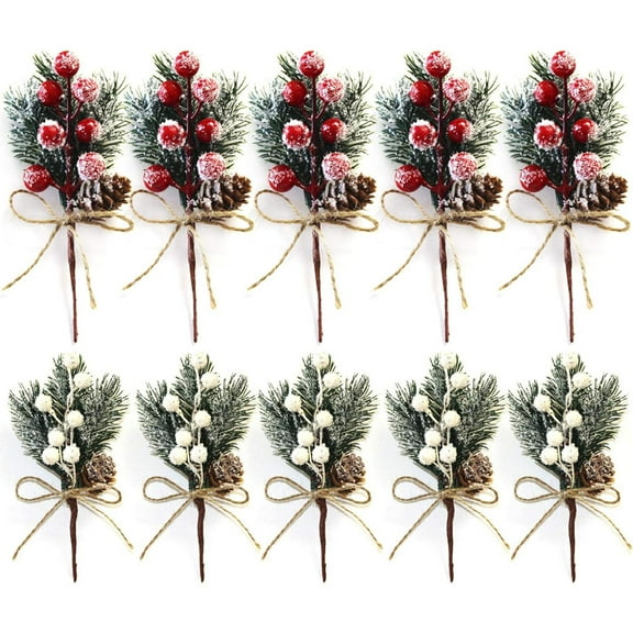 10Pcs 7.9Inch Artificial Red Berry Branches Christmas Picks Spray Artificial Pine Cones Holly Stem Craft, Winter Holiday Floral Picks for Crafts Xmas Tree Ornaments