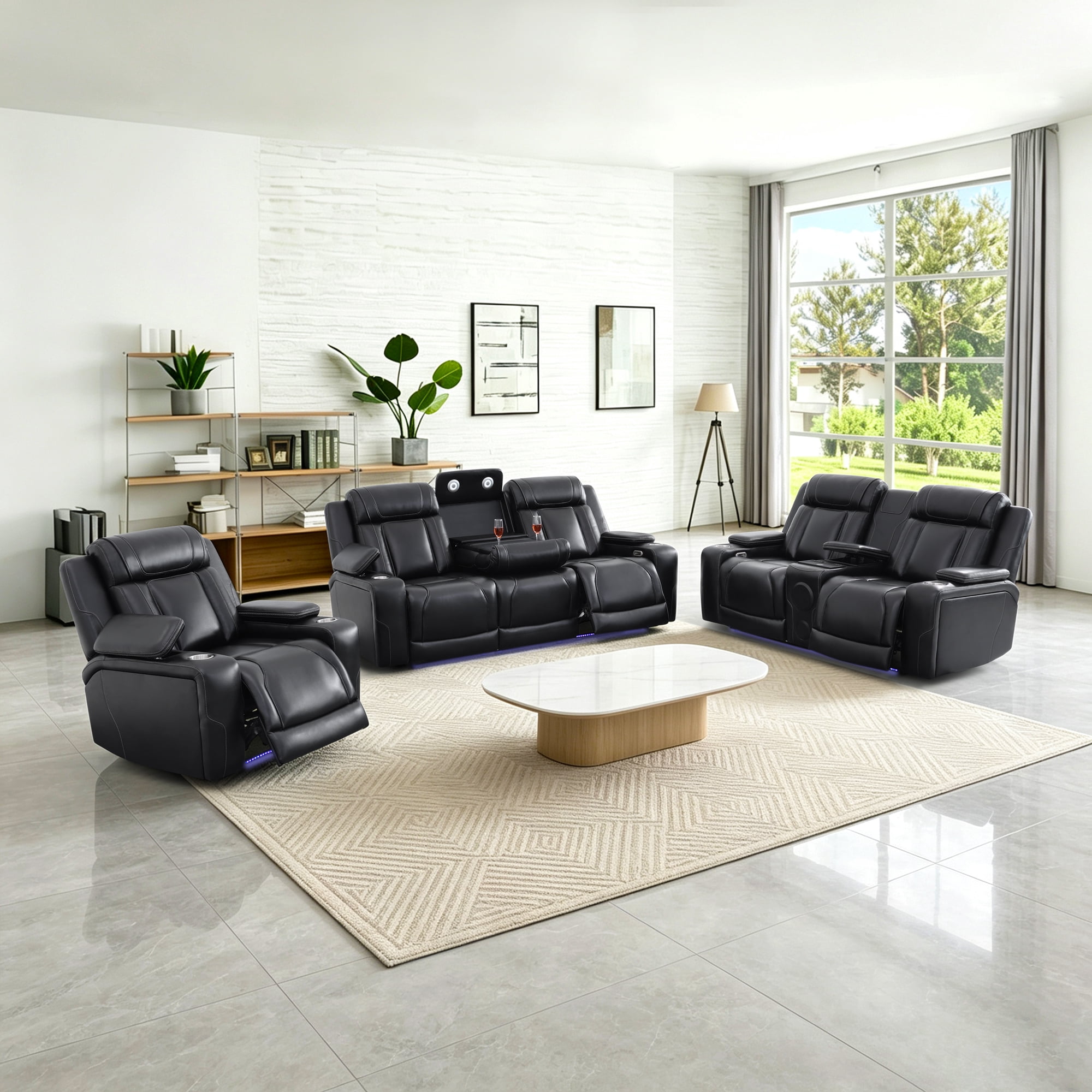 Gewnee 1+2+3 Piece Recliner Sofa Set, Air Leather Smart Sofa with Wireless Charging, Bluetooth Speaker, LED Light, Cup Holders & Storage, Adjustable Recline for Living Room, Black