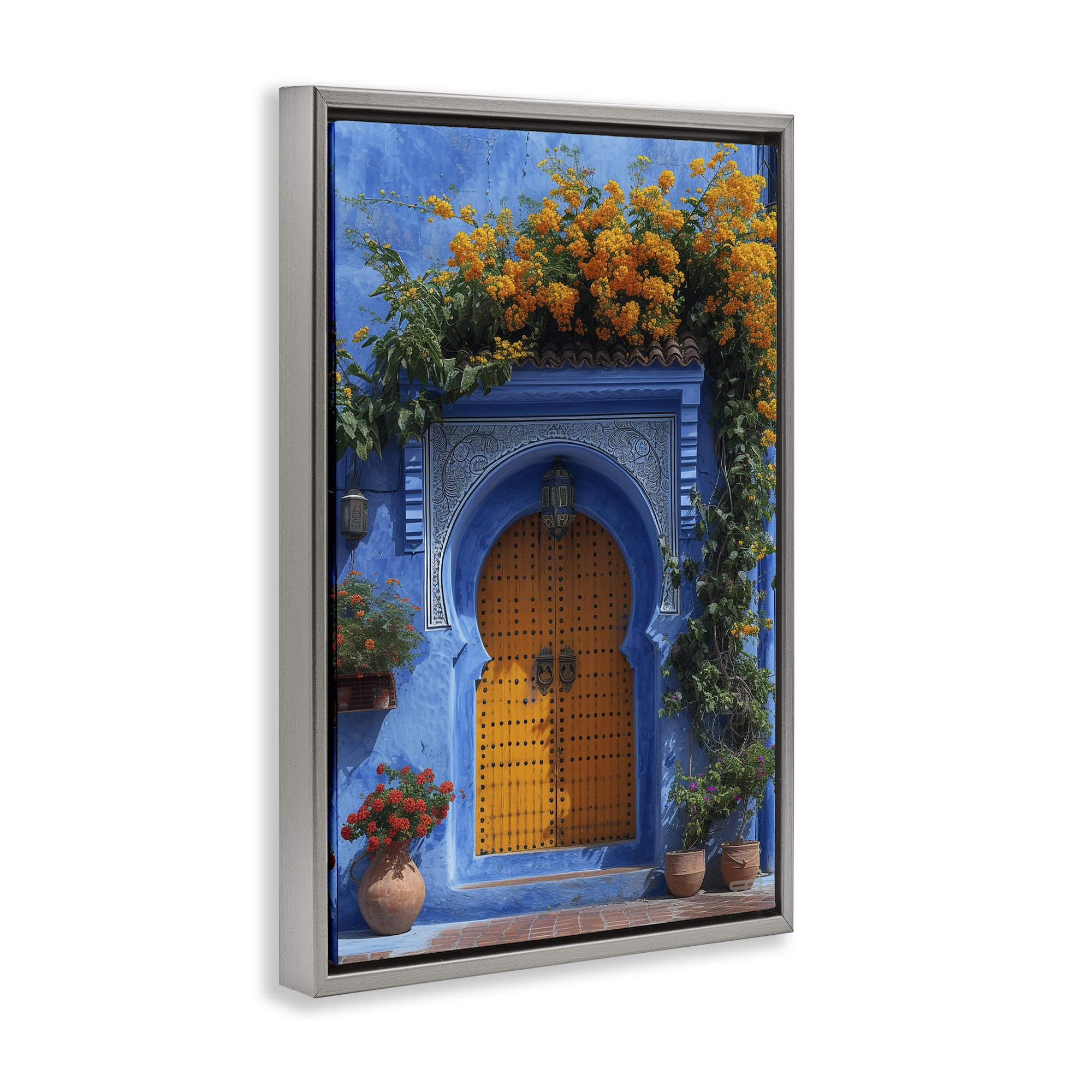 Stupell Industries Blue & Orange Architecture Buildings & Architecture Painting Gray Floater Framed Canvas Art Print Wall Art, 21 x 31