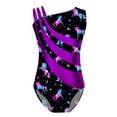 thumbnail image 1 of iEFiEL Kids Girls Metallic Shiny Patchwork Leotard Asymmetrical Shoulder Strap Bodysuit for Dance Gymnastics Black&Purple 10, 1 of 5
