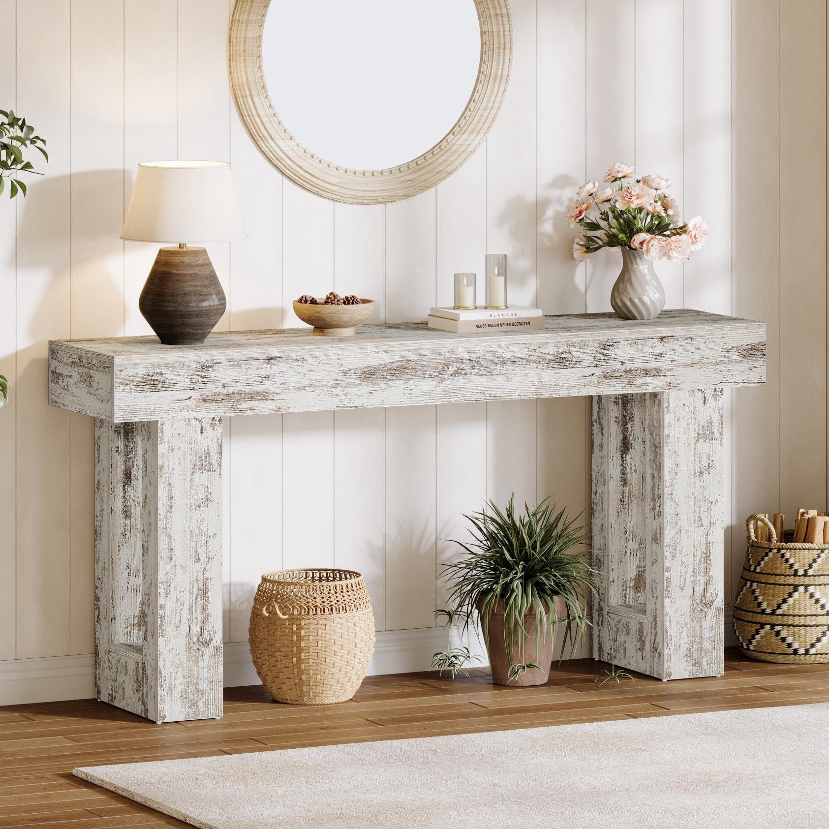 Tribesigns 63-Inch Long Console Table, Farmhouse Wooden Sofa Table Behind The Couch, Entryway Table for Entrance, Hallway, Living Room, Distressed White