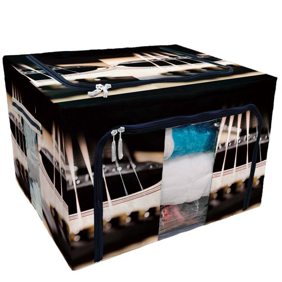 PKQWTM Acoustic guitar on black Storage Bag Clear Window Storage Bins Boxes Large Capacity Foldable Stackable Organizer With Steel Metal Frame For Bedding,Clothes,Closets, Bedrooms