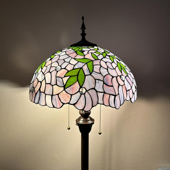 Tiffany Floor Lamp Purple Stained Glass Green Leaves Metal Base LED Bulbs Included For Living Room Bedroom 16"W*16"D*64"H