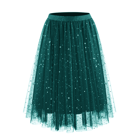 Women's Sparkle Tulle Skirt, Midi Long A Line Layered Mesh Skirt with High Elastic Waist, Shimmery Party Skirt for Halloween, Birthday, Festival and Daily Wear Blackish Green L