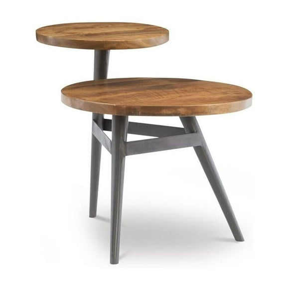 Mango Wood Side Table - Two Tier Accent Table with Iron Frame - Minimalist Display Stand - 21" W x 30" D x 24" H