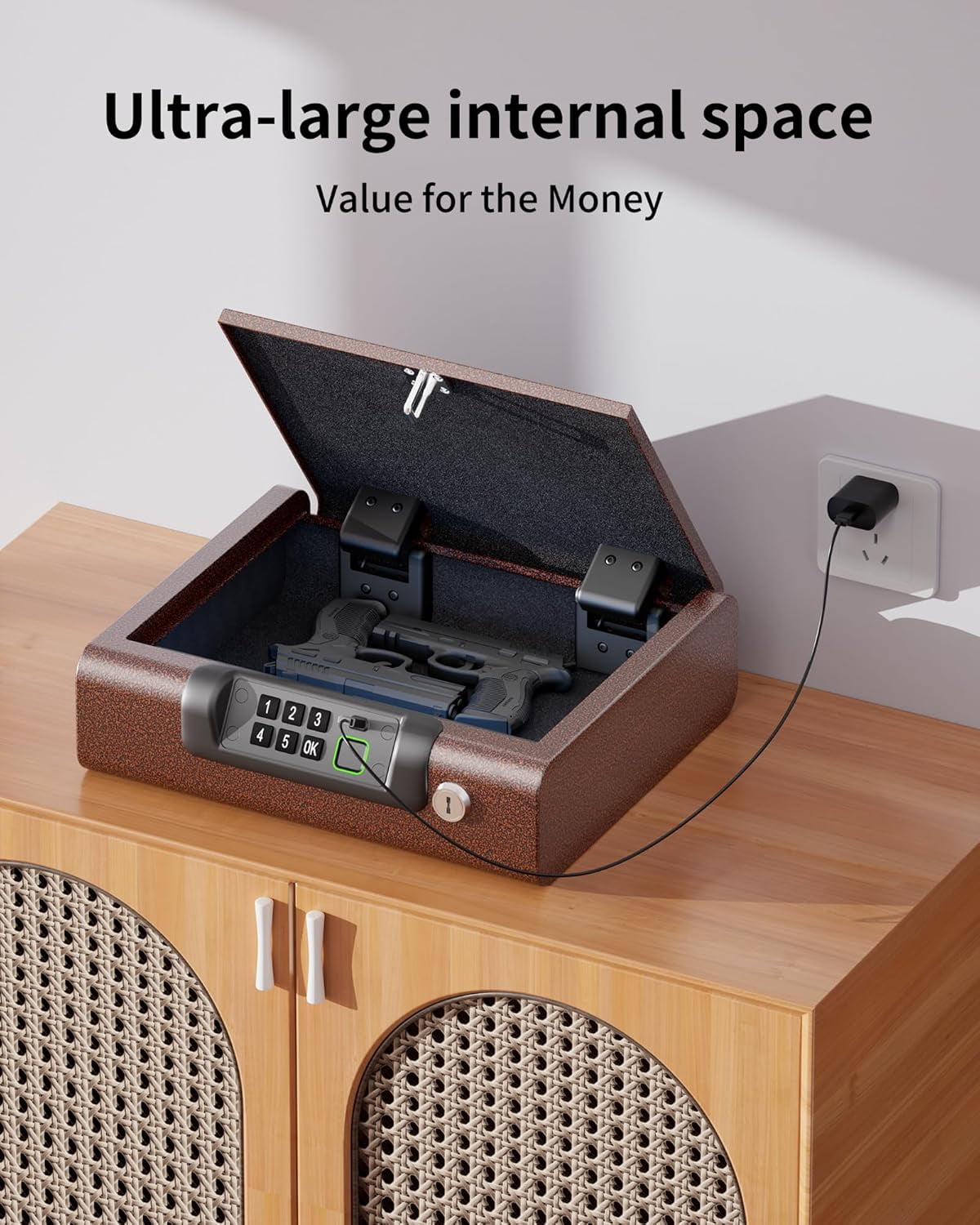 Gun Safe,Biometric Gun Safe for Pistols 3-Ways unlock Fingerprint Digital PIN Key Unlock with Voice, Lock box for Cloakroom living room Bedroom Nightstand and Car Antique Bronze