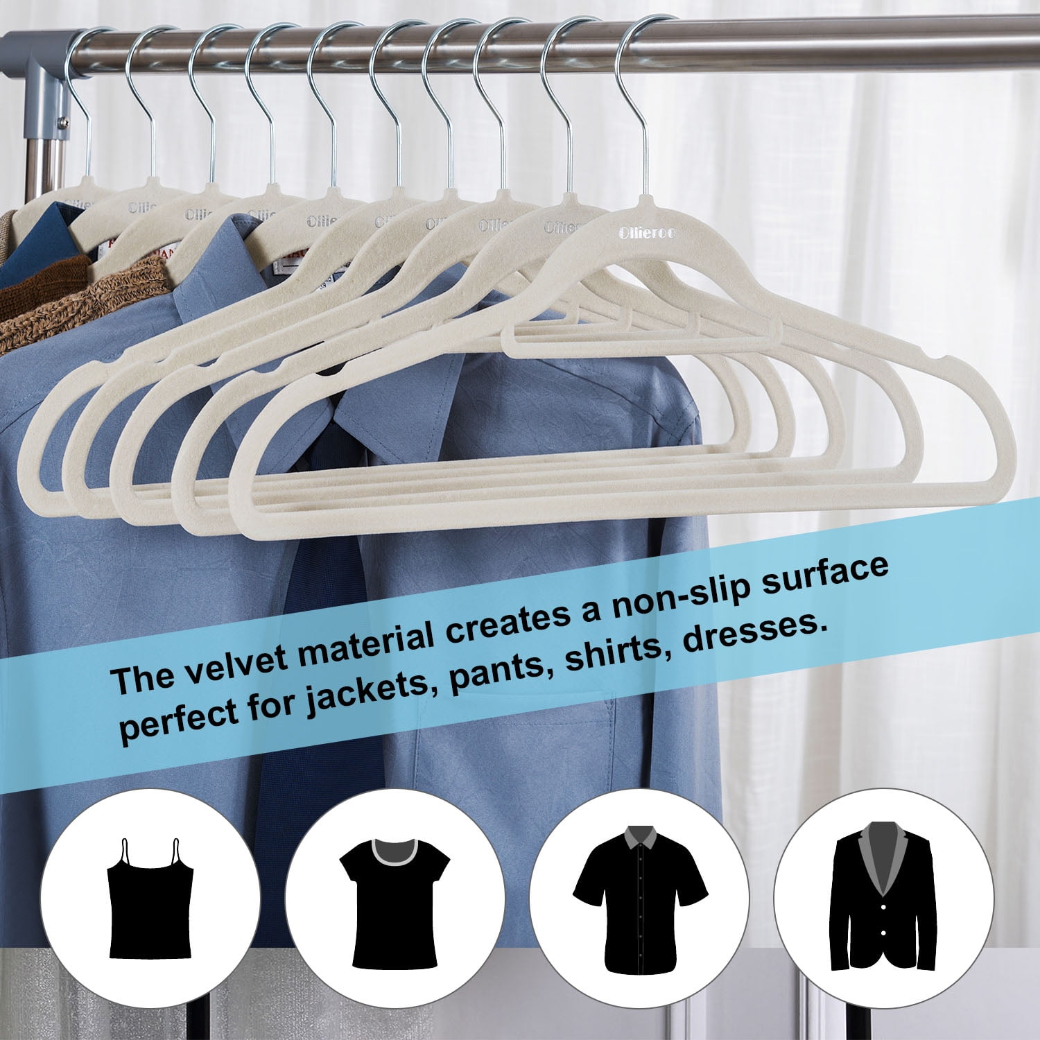 LifeMaster Premium Quality Velvet Non-Slip Clothes Hangers - Set of 50 Sturdy Black Plastic Coat Hangers with Smooth 360° Swivel Hooks for