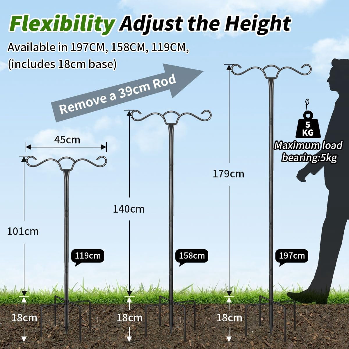 KOLAKO Bird Feeding Station, 197cm Free Standing Bird Feeder Poles Hangers, Metal Heavy Duty Double Shepherds Hook for Garden Lanterns, Light, Black