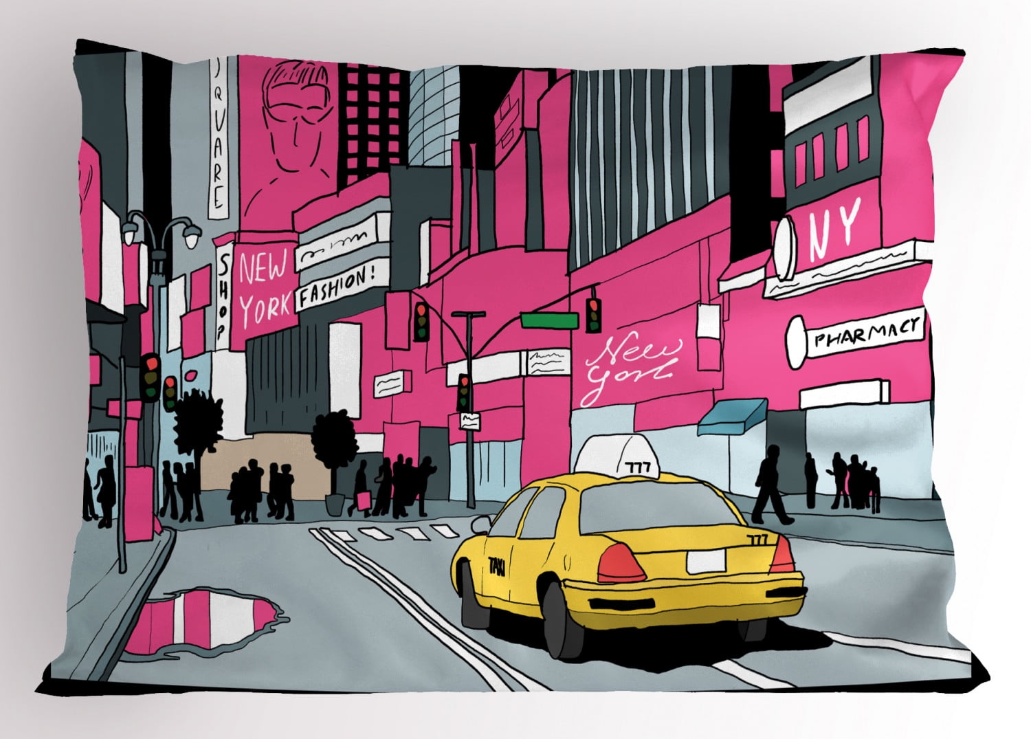 New York Pillow Sham, View of Manhattan and a Taxi Cab at Times Square