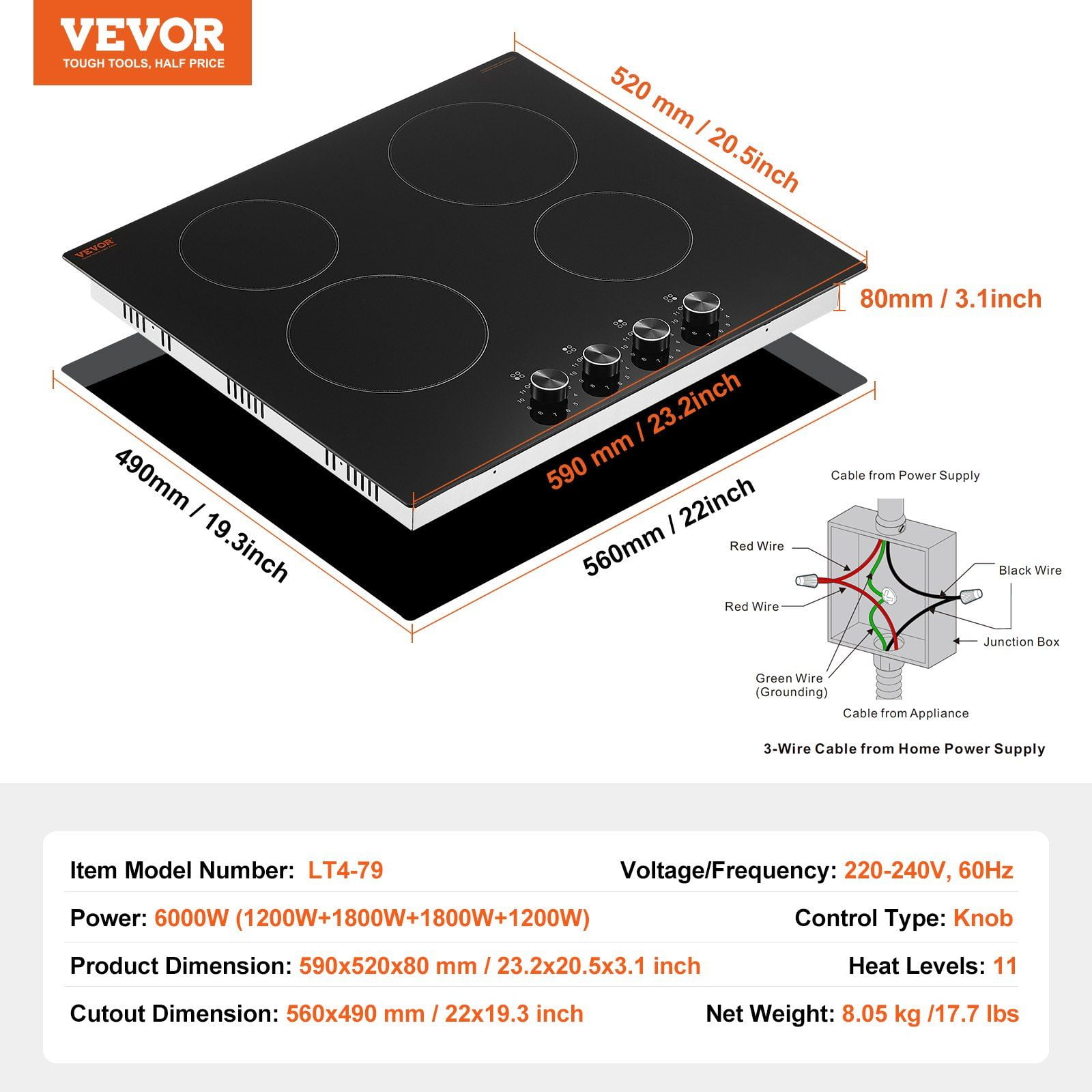 4-Burner Built-in Radiant Ceramic Electric Cooktop, 23.2 x 20.5 Inches, Black Glass Surface