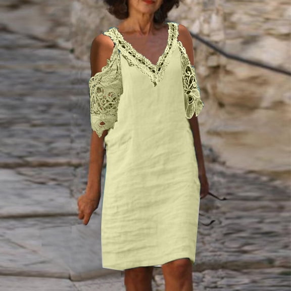 Wycnly Womens Dresses Beach Casual Cotton Linen Sexy Lace Patchwork Cold Shoulder Knee-Length Dresses Summer Solid V-Neck Short Sleeve Formal Midi Dress Yellow XXXL