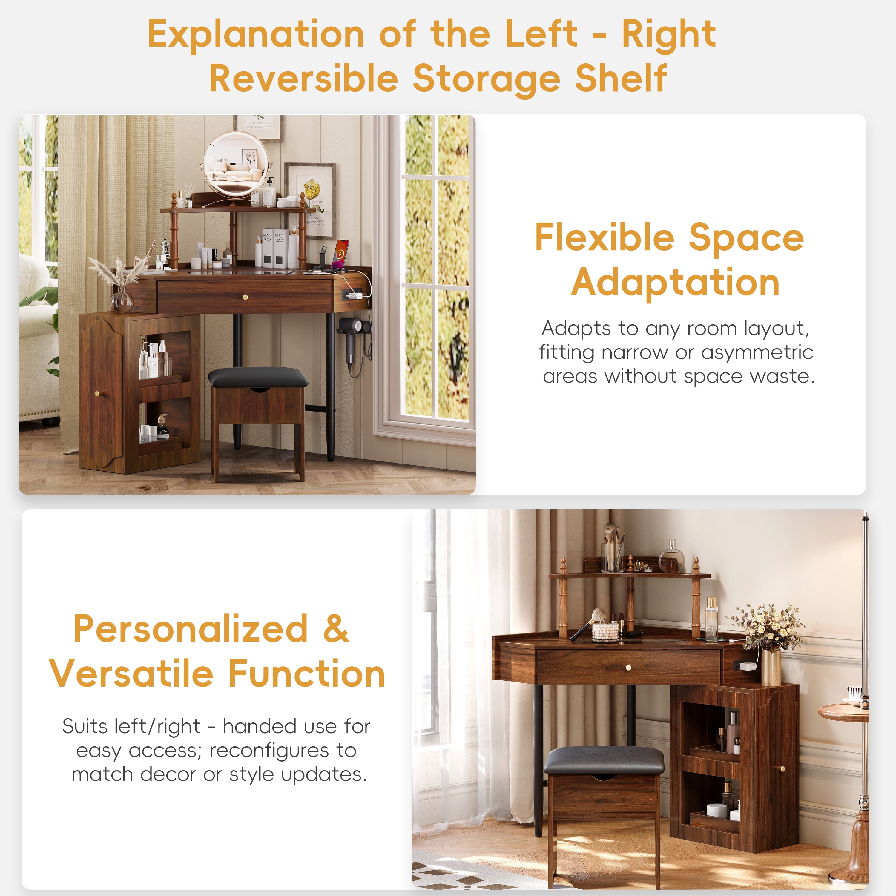 Aukfa Corner Vanity Set with Charging Station, Glass Desk & Removable Organizer Cabinet, Makeup Table with Stool,Walnut