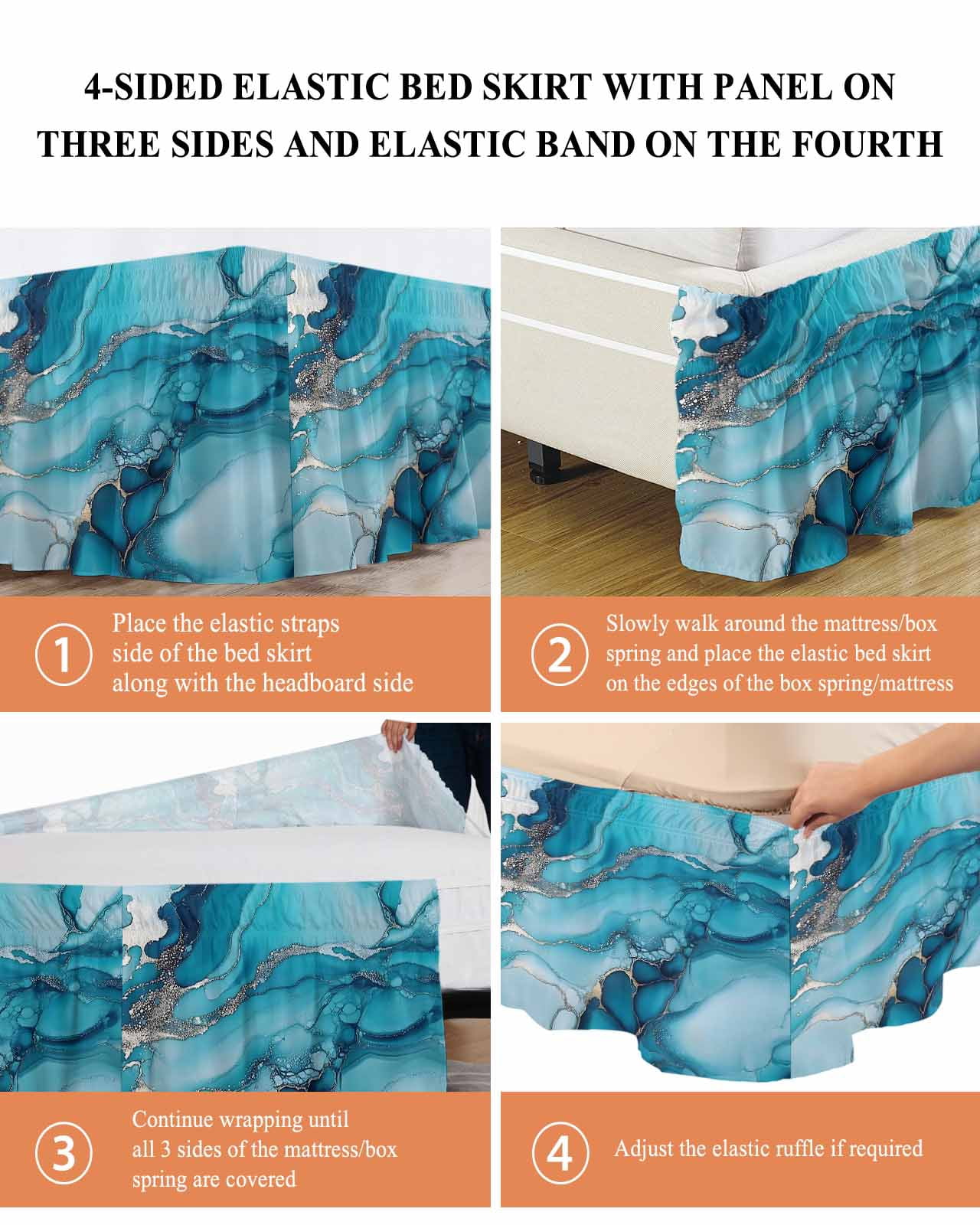 Turquoise Marble Bed Skirt California King Size 18" Drop Abstract Marble Ruffled Wrap Around Bed Skirts Adjustable Elastic Bedskirt Dust Ruffle for California King Size Bed