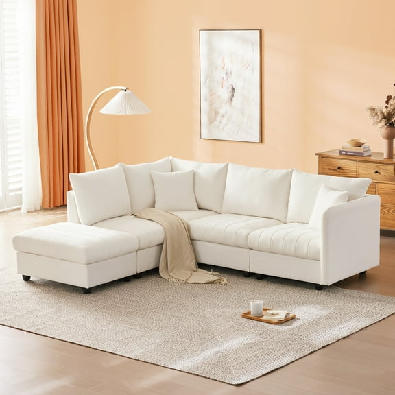 Harper & Bright Designs L-Shaped Sectional Sofa with Ottoman, Modern 5 Seater Cloud Couch Set, Chenille 6-Seat Sectional Sofa for Living Room, White
