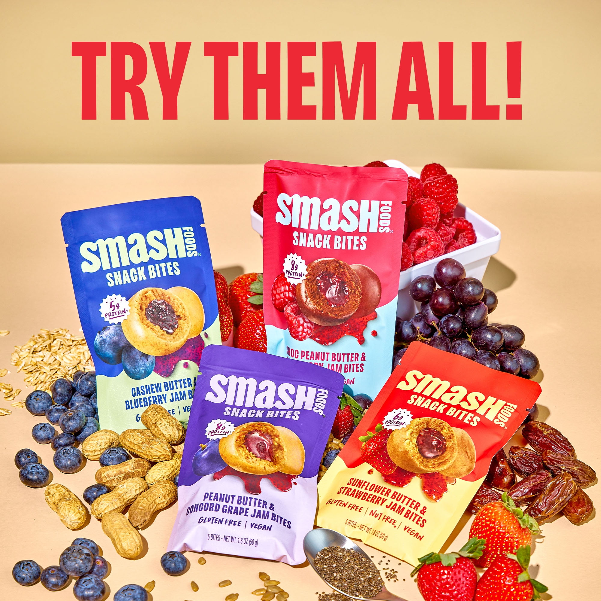 Smash Foods Gluten-Free Vegan Snack Bites (Blueberry), Protein & Energy, 8-Pack