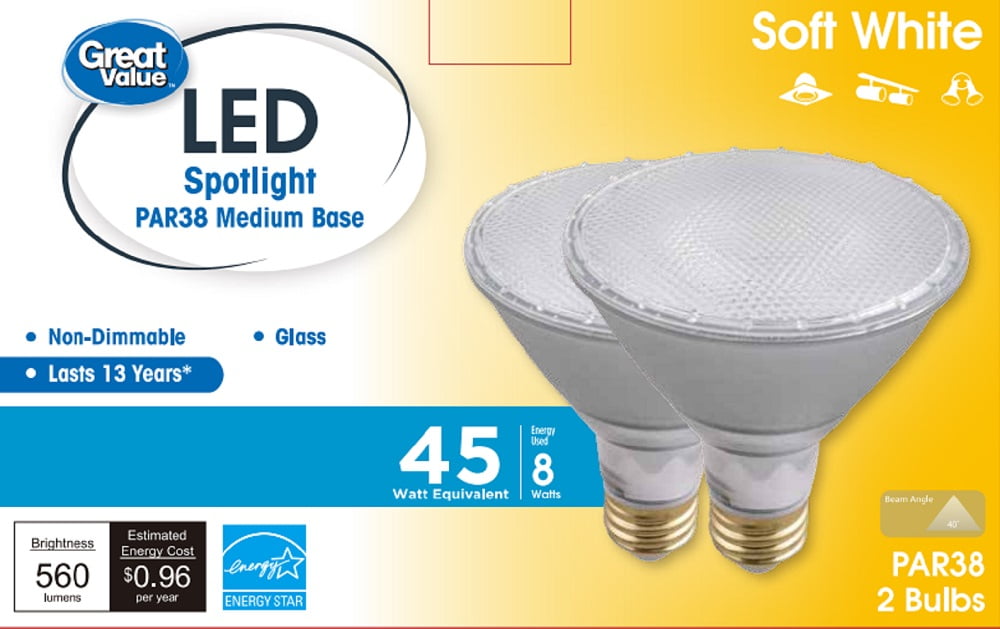 Great Value Glass LED 40Flood Light 8W, Soft White, E26 base, 2PK