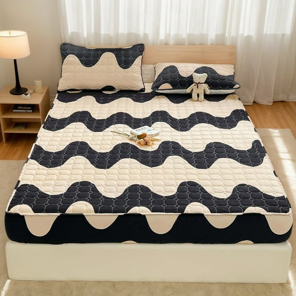 Black & Beige Wave Soft Mattress Toppers,Breathable Matress Protector - 2 Pillowcases   1 Mattress Cover Ultimate Bed Protection, Durable & Breathable, Waterproof & Sweat-Absorbent, All-Season Use