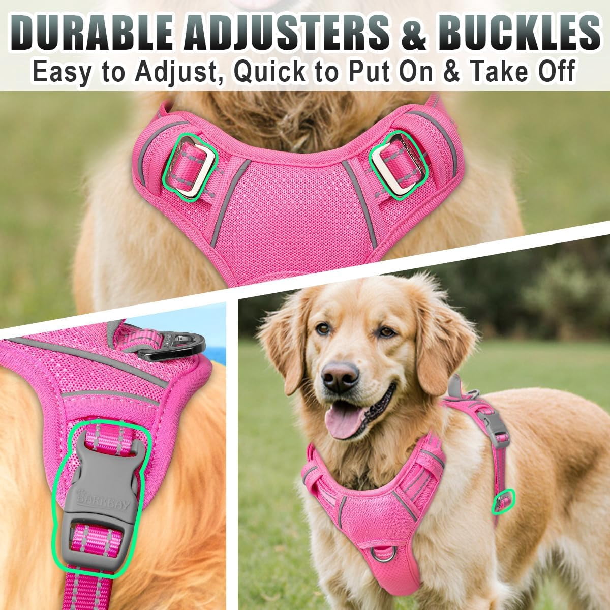 No Pull Dog Harness Large Reflective Dog Harness with Front Clip and Easy Control Handle for Walking Training Running with ID tag Pocket(Pink,L)
