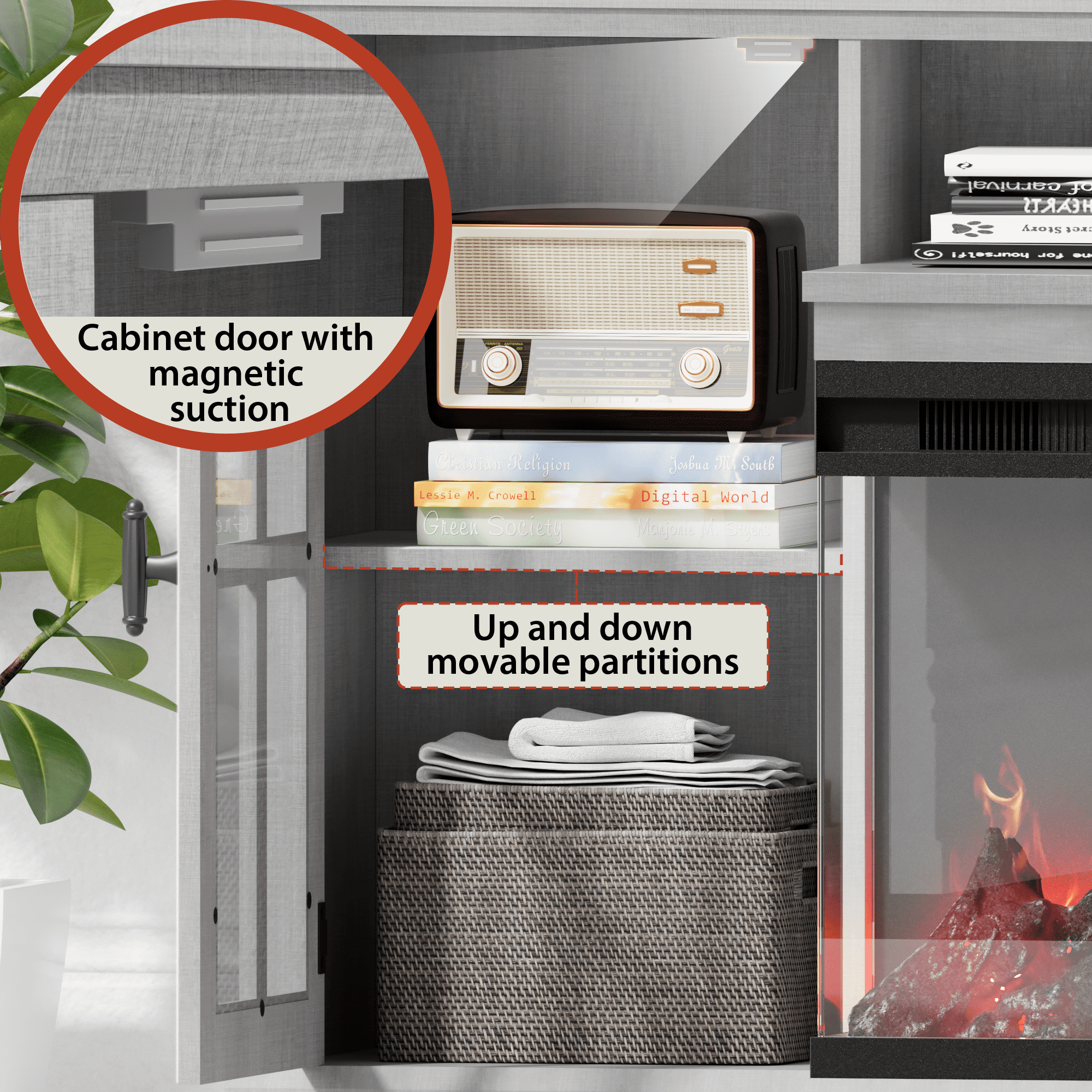Homall Fireplace TV Stand for TVs up to 65" 3-Sided Glass Modern Media Entertainment Center with Cabniet Storage Adjustable Flame Color Fireplace,Gray