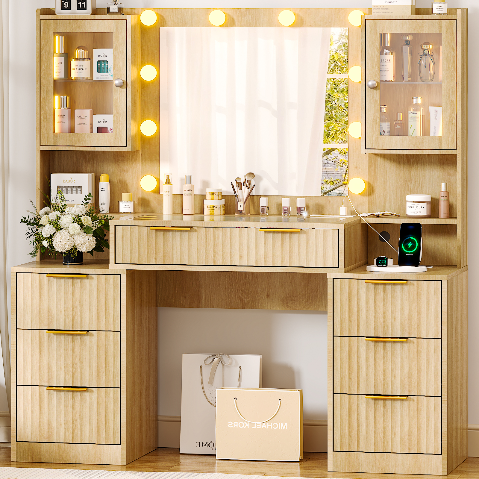 Ktaxon Large Makeup Vanity with 7 Drawers, Flutted Vanity Table Set with Lighted Mirror, Get Ready with Me, Wood Color