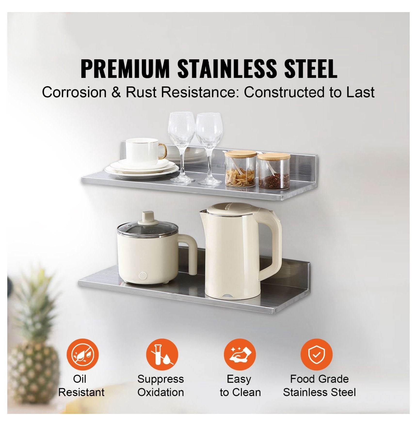 Stainless Steel Shelf 8.6x24 inch, Wall Mounted Floating Shelves with Backsplash, 44lbs Capacity, Heavy Duty Storage for Kitchen, Restaurant, Bar, Hotel