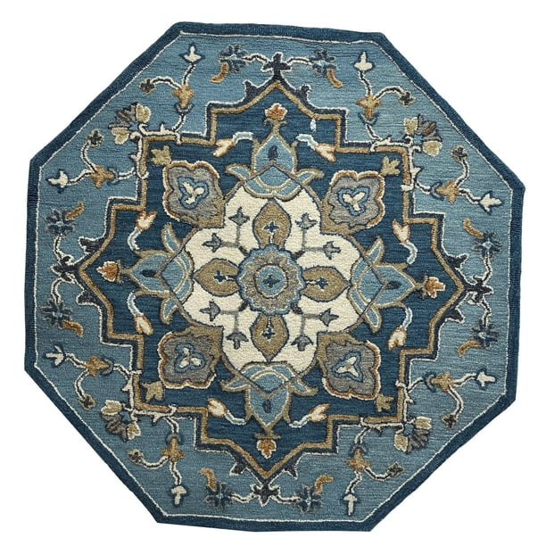 LR Home Oriental 4 ft. 10 in. Octagon Blue Medallion Specialty Area Rug