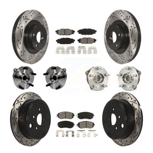 Transit Auto Front Rear Hub Bearing Assembly Coated Disc Brake Rotor and Semi-Metallic Pad Kit (10Pc) for Car 2014 Subaru Impreza WRX Limited Premium - Left Right (Driver Passenger) KBB-127076