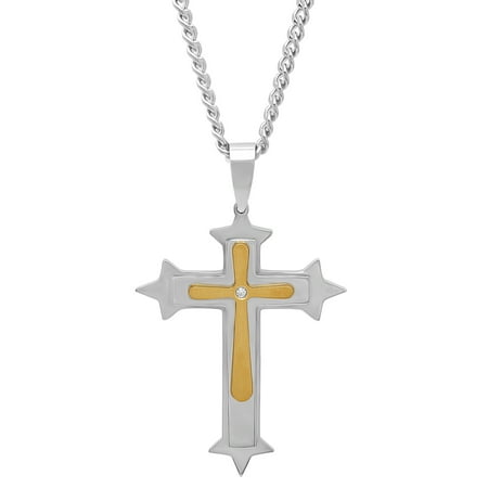 Men's Two-Tone Stainless Steel Diamond Accent Stacked Cross with 24 Curb Chain - Mens Pendant