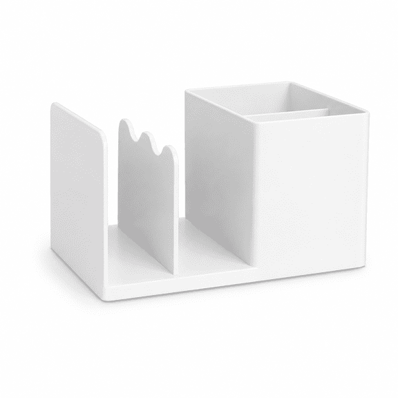Desk Organizer with Pen Holder and File Sorter, Plastic Desktop Storage Caddy for Books, Notebooks, Mail and Office Supplies, White