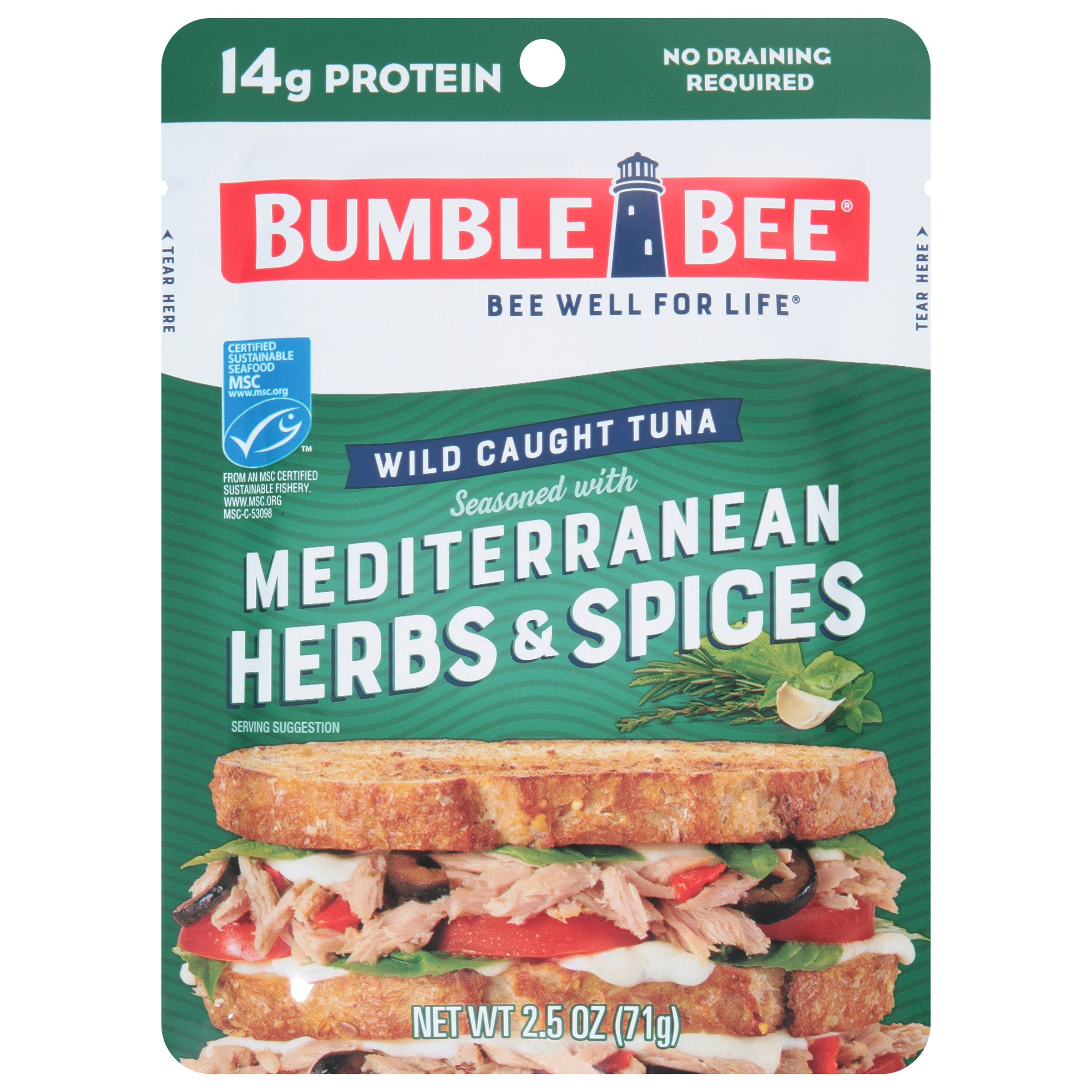 (12 pack) Bumble Bee Mediterranean Herbs & Spices Seasoned Light Tuna, Wild Caught, Gluten Free, 14g Protein per Serving, Ready to Eat, Shelf Stable Pouch, 2.5 oz