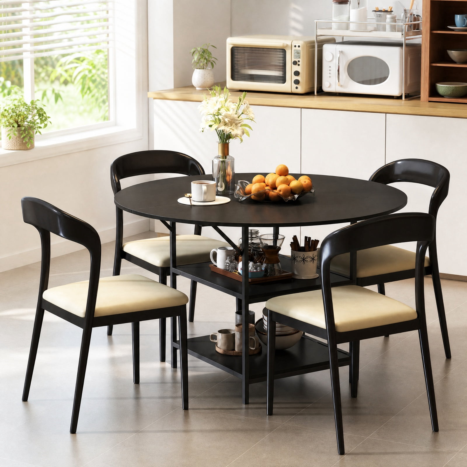 Furnibear 47 Inch Round Dining Table for 4 to 6 with 2 Tier Storage Shelves and Sturdy Metal Frame for Kitchen and Apartment, Black