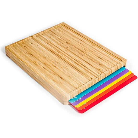 Kitchen Cutting Boards – Bamboo Cutting Board Set, Color Coded Flexible Cutting Mat, Easy to Clean Wood and Dishwasher Safe Plastic, Knife Friendly