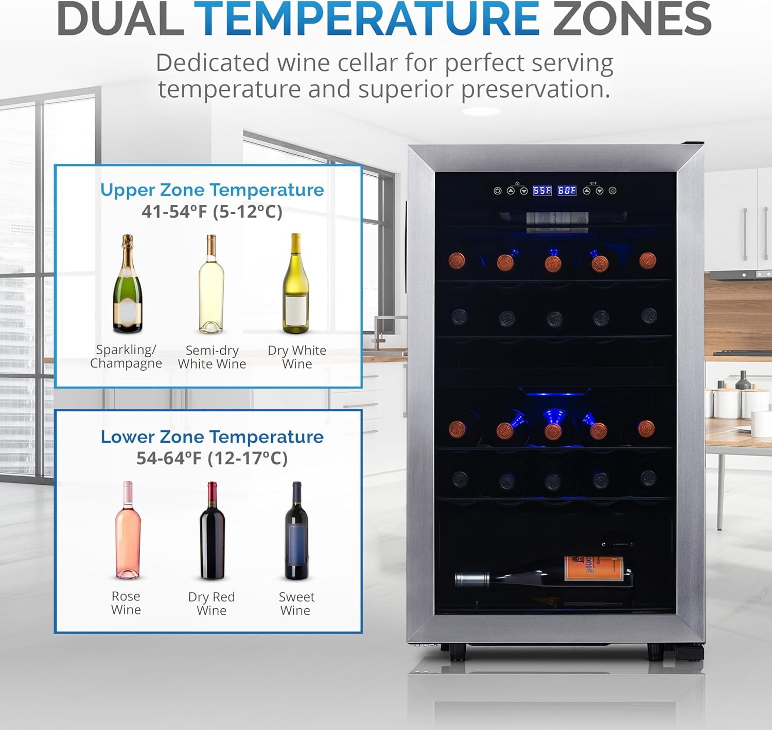 Restored Newair NWC028SS01-RB Dual Zone Wine Fridge with Adjustable Racks, 28 Bottles, Stainless Steel (Refurbished)