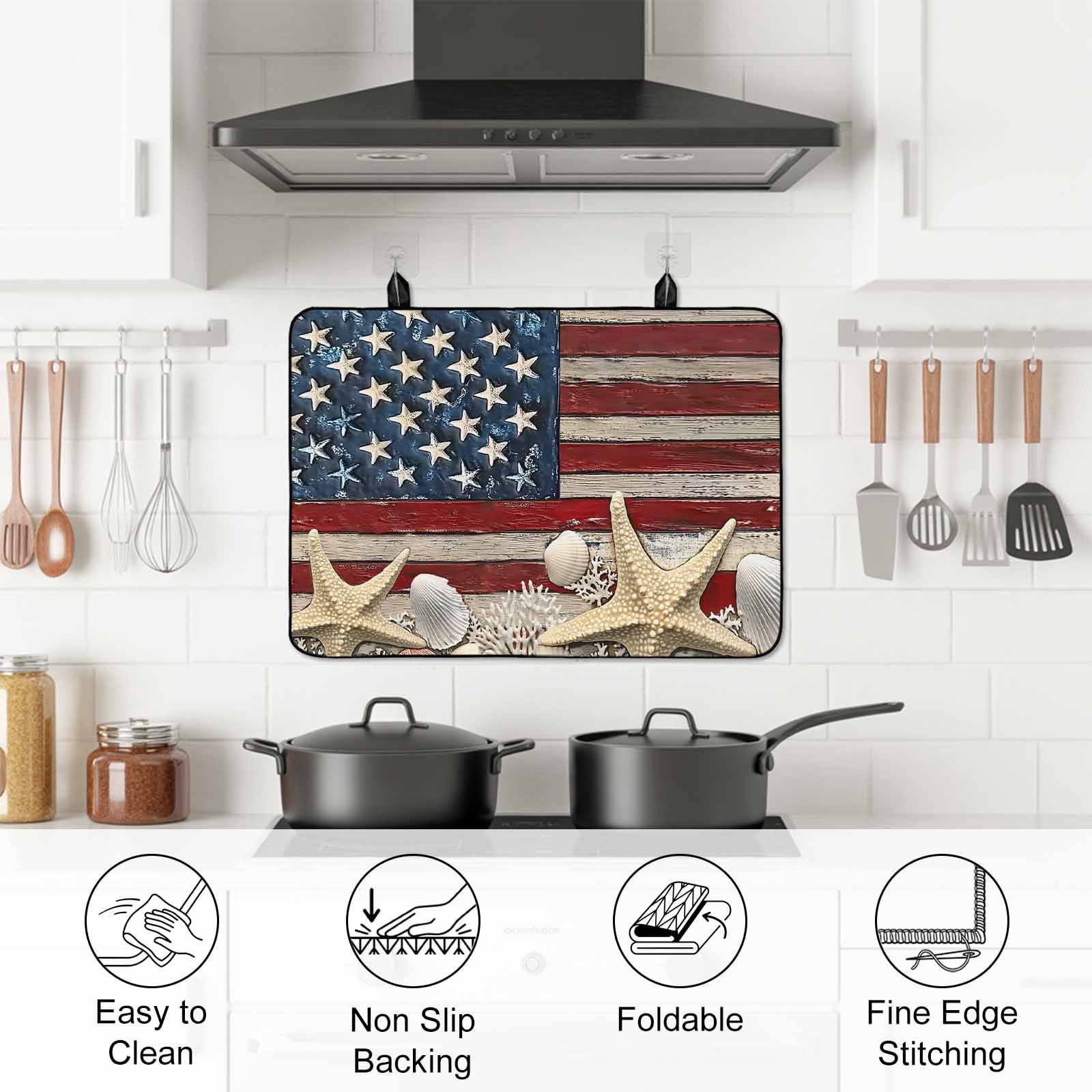 Coastal American Flag Stove Top Cover for Electric Stove, Heat-proof & Non Slip Glass Top Stove Cover Protector, Starfish Shell Vintage Kitchen Flat Cooktop Rubber Mat 24x21 Inches