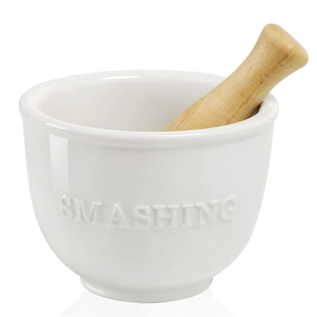 Wooden Procelain Mortar and Pestle Set, Ceramic Pill Crusher, Spice Grinder, Herb Bowl, 3.7 inch White