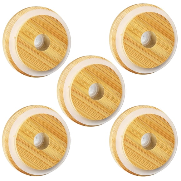 Tapas de bambú para frascos Mason SBMKK 70 mm con agujero para popote, 5 piezas