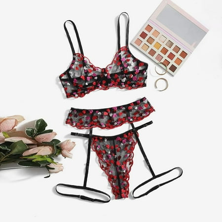 

UoCefik Women s Sexy Lingerie Set with Garter 3 Piece Mesh Babydoll Bodysuit See Through Floral Bra and Panty Set Underwire