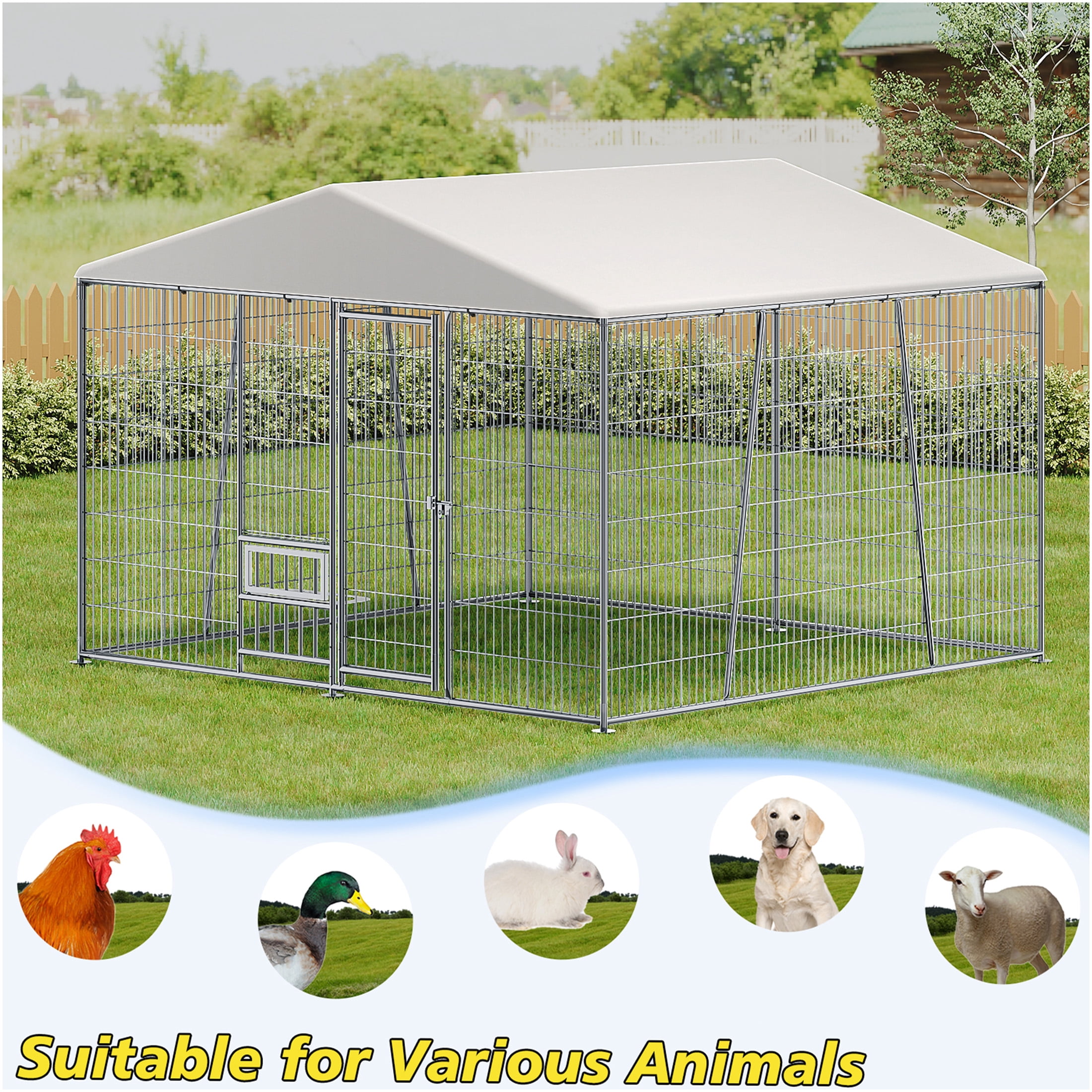 JERFIT 10x10ft Outdoor Metal Dog Kennel with Roof & Feeding Bowl, Heavy Duty Steel Wire Pet Cage Playpen for Large Dogs