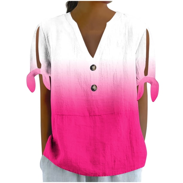 Vestidos Casuales Para Mujer, Blusas De Mujer De Moda Camiseta holgada de manga corta con cuello en V, botones y estampado sin posicionamiento para mujer, estilo informal y de moda