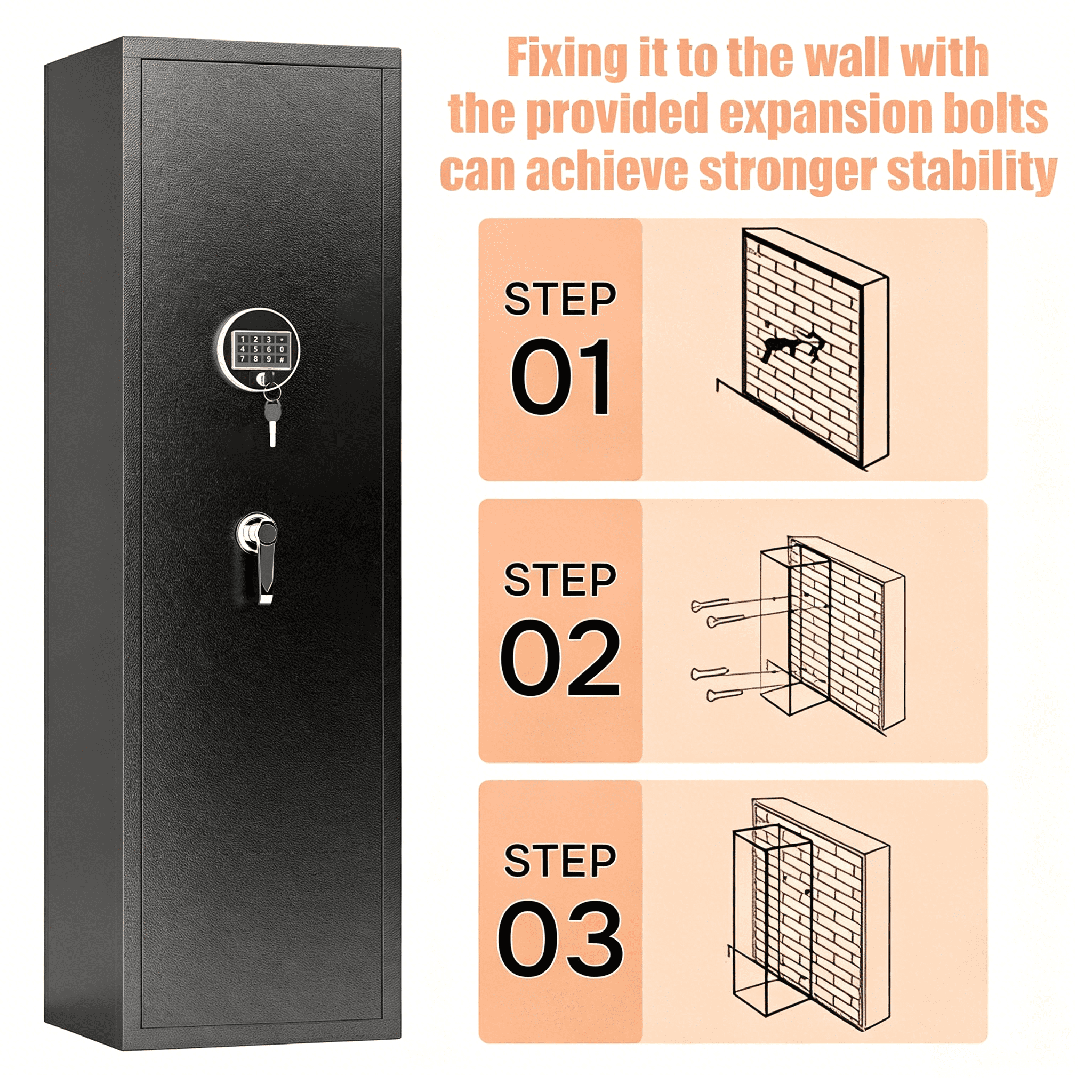 57" High Large Capacity Mechanical Gun Safe for Rifles & Handguns, Digital Password Lock, Built-In Independent Lock Box, Adjustable Shelves